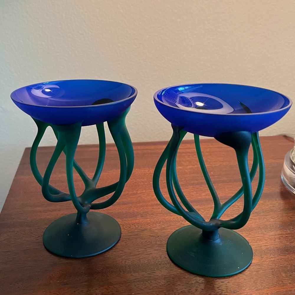 Jozefina Krosno vtge octopus jellyfish glass artwork blue and green set of two